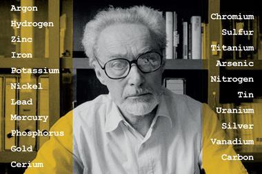 A photograph of Primo Levi; the tile of the chapters in his book, The Periodic Table, are written around him