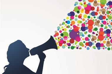 Female voicing opinion using megaphone, concept illustration