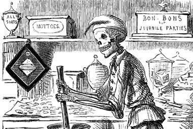 A skeletal form mixes ingredients for sweets, surrounded by vats of dangerous chemicals