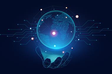 A concept artwork showing a line-drawing of a hand holding a glowing globe
