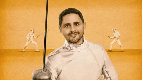 Illustrated portrait of Jon-Paul Griffiths with two fencing silhouettes in the background